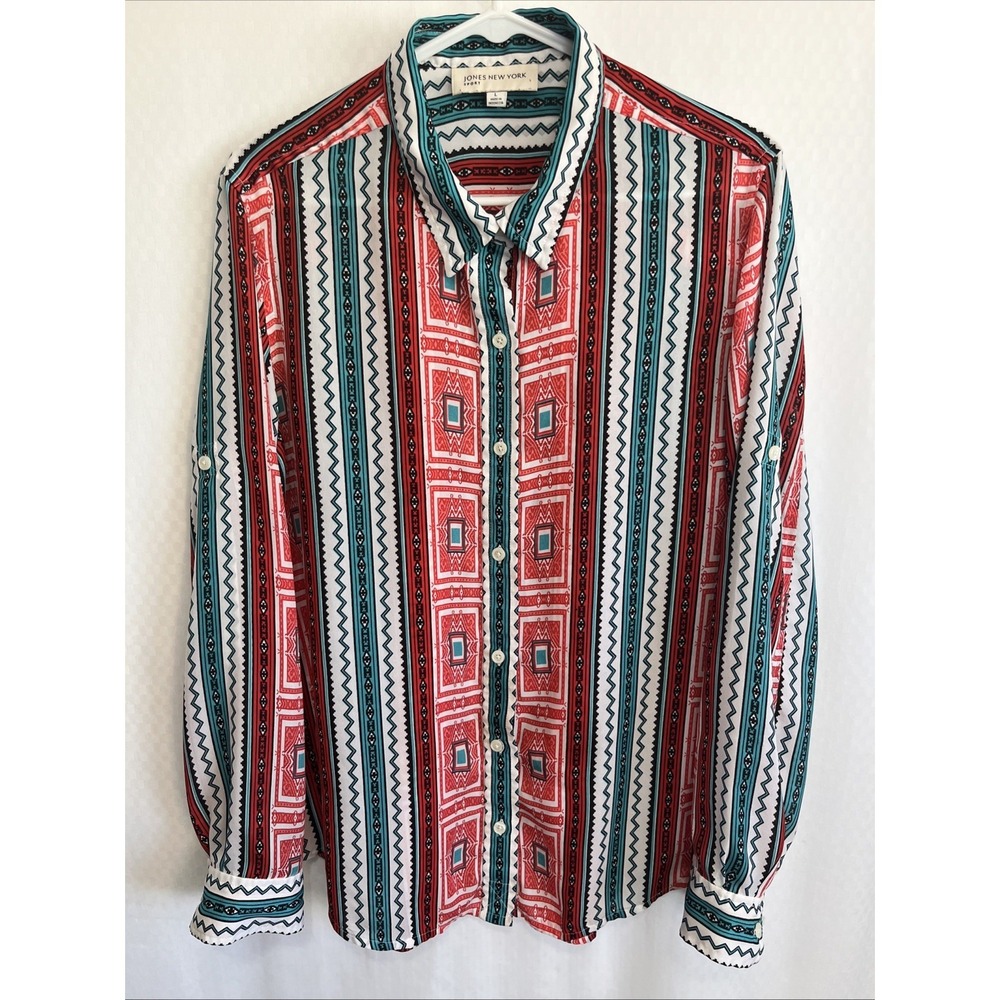 Jones New York Shirt Large Women's Button Red Aztec Print Long Sleeve Semi-Sheer